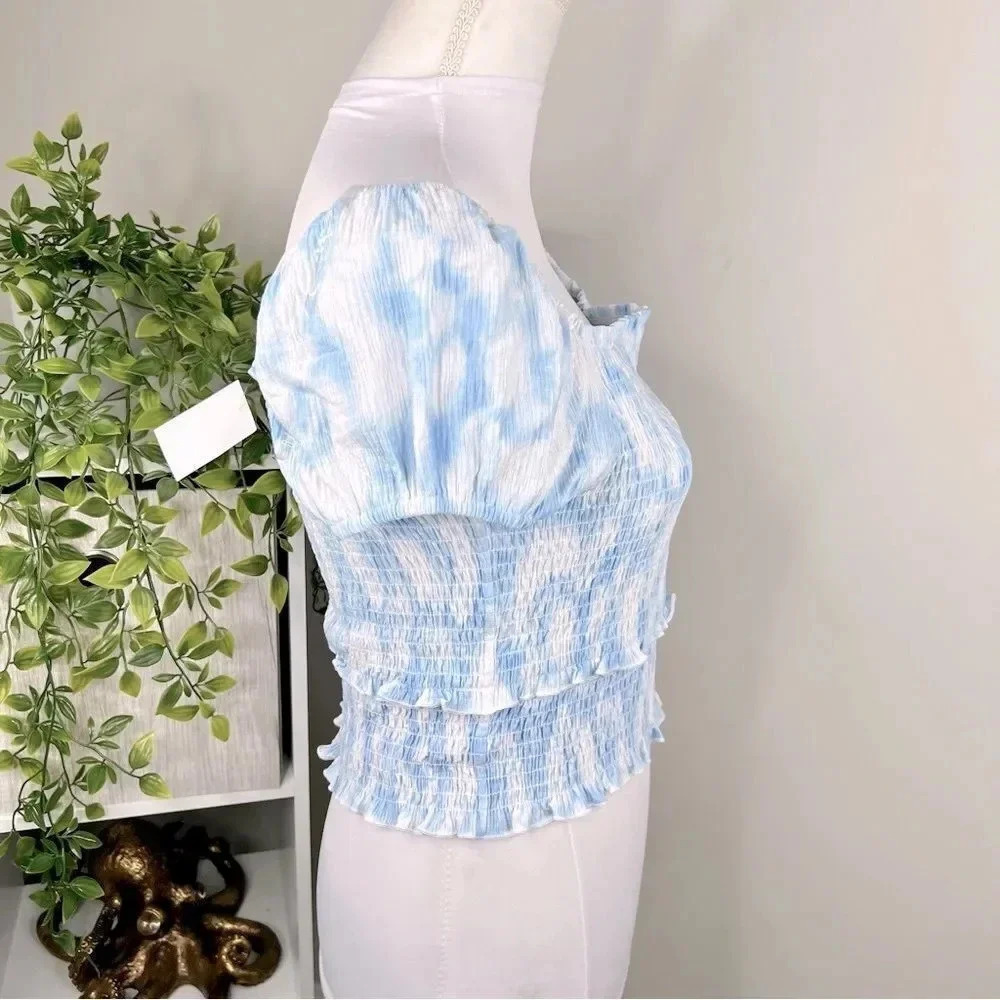 LUSH Blue and White Swirl Smocked Short Puff Sleeve Crop Top NEW Size M - Picture 9 of 12